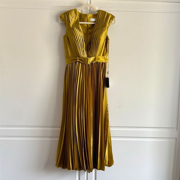 NWT Mac Duggal Chartreuse Pleated Midi Dress in gold size 2 style number 26483. - Picture 3 of 12